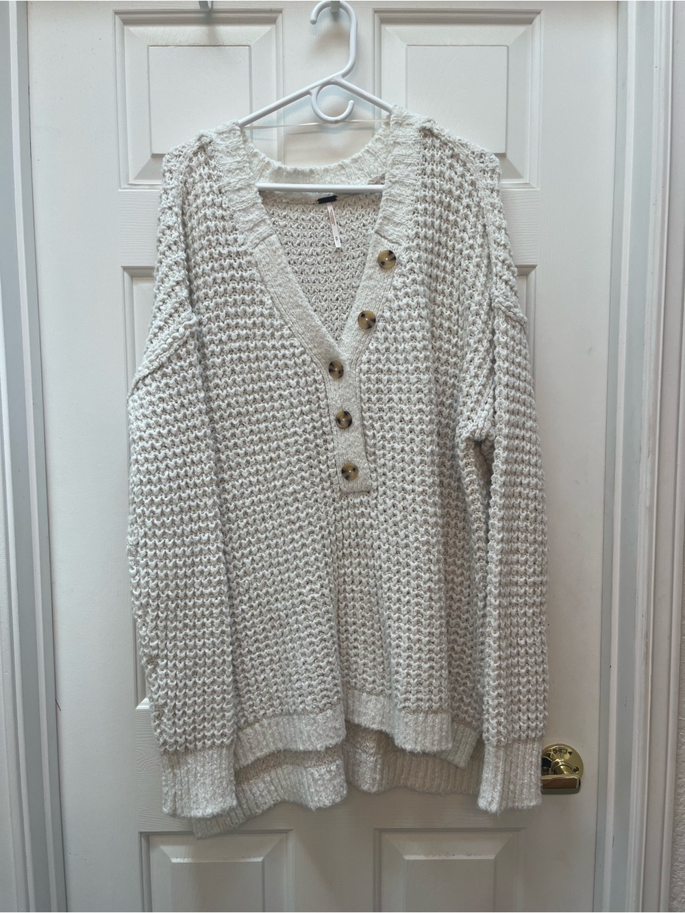 Free People Cream V-Neck Button Knit Sweater